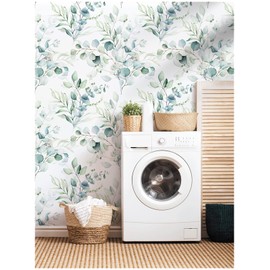 HAOKHOME Peel and Stick Wallpaper Boho Green/White Eucalyptus Leaf Floral Wall Mural Home Nursery Decor Renter Friendly Wallpaper 17.3in x 78.7in