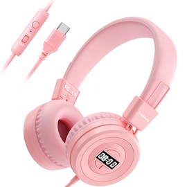 yoygerty USB C Kids Headphones with Alarm, 85/94dB Volume Limit Portable Headphones with Digital Timer, HD Stereo Sound, Over-Ear Headset with Microphone for Kids/Toddlers/Children/Teens/Boys/Girls
