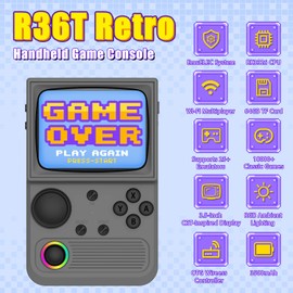R36T Retro Gaming Console, 3.5'' IPS Screen CRT-Inspired, Handheld Game Console with 18000+ Classic Games Supports WiFi Networked Fighting and OTG, 3500mAh Battery, with Portable Case(Grey 64GB)