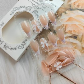 24Pcs French Tip Press on Nails Medium Cute Fake Nails Almond Glue on Nails with Pink Bow Charms False Nails Glossy Nude Full Cover Artificial Nails Stiletto Acrylic Stick on Nails for Women Girls