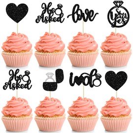 24 piezas de adornos para cupcakes con purpurina negra Love I Do - Anillo de corazón para despedida de soltera, para bodas, compromisos, despedidas de soltera, fiestas, decoración de pasteles