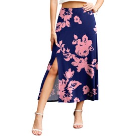 Jouica Women 2024 Summer Spring Boho Floral Print Elastic Waist Split Beach Midi Skirt,JY Navy Blue Rose,Small
