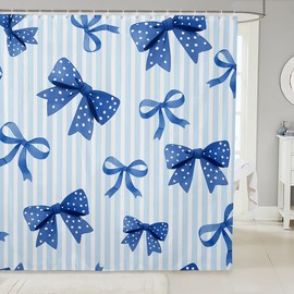jejeloiu Girl Blue Bowknot 72"x72" Shower Curtain Ribbon Bow Striped Bathroom Shower Curtain Set for Kids Boys Princess Themed Bath Curtain