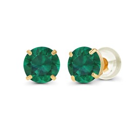 Solid 14K Yellow Gold 6mm Round Created Green Emerald May Birthstone Prong Set Stud Earrings For Women