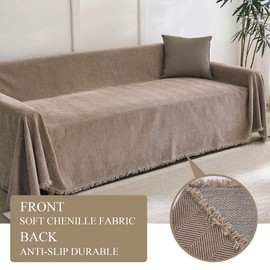 TWIQUTO Non Slip Couch Cover for 3 Cushion Couch Thick Chenille Sectional Sofa Cover Soft Furniture Protector Sofa slipcover for Dogs Pet Washable loveseat Cover for Living Room,Khaki, 71"*118"