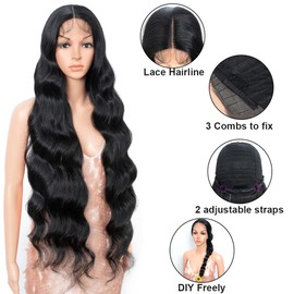 Style Icon 36” Super Long Deep Wave Wig Synthetic Lace Front Wigs Middle Part Black Wig Heat-Resistant Fiber with Baby Hair (36 Inches, 1B)