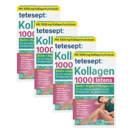 tetesept Collagen 1000 Intens - Dietary Supplement with Collagen, Vitamin C, Biotin, Copper & Manganese - For Connective Tissue and a Beautiful Complexion - 4 x 30 Tablets