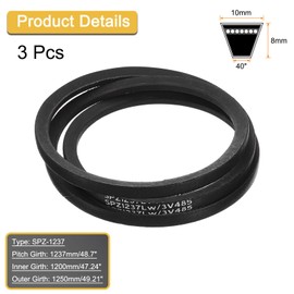 sourcing map 3Pcs SPZ-1237 Drive Wedge Belts V-Belt Industrial Power Rubber Transmission Belt 1237mm Pitch Girth,10mm Width, 8mm Height, 1250mm Outer Girth