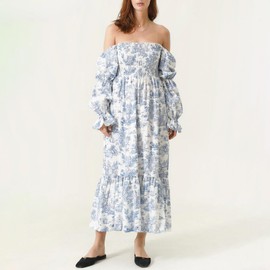 Women's Floral Embroidered Long Dress Square Neck Boho Dress Summer Puff Sleeve Smocked Flowy A Line Sundress (A-Blue Flower, S)