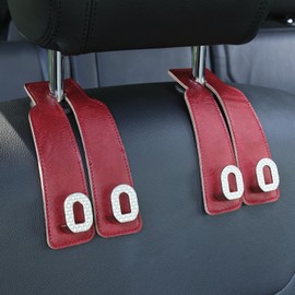 Car Headrest Hooks 2 Pack - Universal Premium Leather and Zinc Alloy - Alloy Car Seat Back Storage Hook for Purses Handbags Cloth Drink - Durable Car Accessories for Women Men (BH09-Red-Silver)
