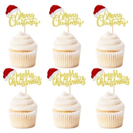 Keaziu - 24 piezas de decoración de magdalenas de Feliz Navidad, sombrero de Papá Noel, púas de magdalenas, decoraciones de Navidad, fiestas, suministros de decoración de pasteles, sombrero dorado, 2