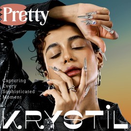 Krystil Press On Nails - 24 Nails Kit, Silver Acrylic Nails 3D Butterfly Bow Stick on False Nails, Stiletto Reusable Fake Nails with Glue | Salon Quality | Romance