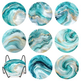 Lxmsja 8 Pcs Teal Marble Ocean Diamond Art Coasters Crafts Kits with Holder for Adults