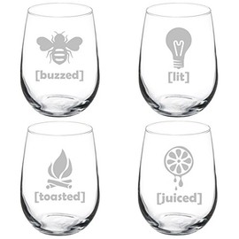 Set of 4 Wine Glass Goblet Funny Drunk Buzzed Lit Toasted Juiced (17 oz Stemless)