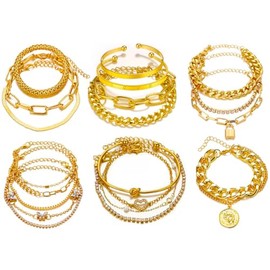 XKAWRT 6 Sets of Bohemian Bracelet Sets for women to Stack Thick and Exquisite BraceletsAdjustable Chains Flat Cuffs, and Cuban Punk Jewelry Gifts, Large, alloy, no gemstone