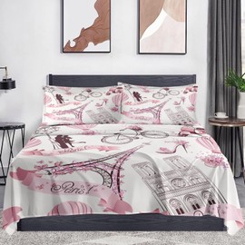 WeCozy Full Size 4 Pcs Bed Fitted Sheet Set with 14" Deep Pocket, Paris Eiffel Tower Love Flat Sheet Set for Kids and Adults, Romantic French Bedding with 2 Pillowcases for Bedroom Decor