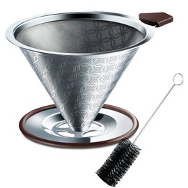 SRIWATANA Coffee Dripper Stainless Steel Filter with 2 Layer Mesh Integrated Cleaning Brush for 4 Cups