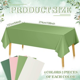 Oudain 12 Pcs 54 x 108 Inch Sage Green Pink Plastic Tablecloth for Rectangle Tables, Plastic Table Cover Disposable Table Cloths for Boho Wedding Birthday Shower Anniversary Christmas Party, 4 Colors