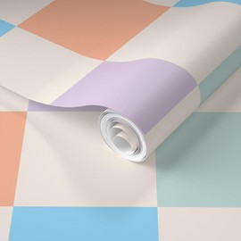 Removable Wallpaper 12ft x 2ft - Check Pink Blue Yellow Purple Pastel Y2K Squares Geometric Custom Pre-Pasted Wallpaper by Spoonflower