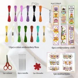 ORIGACH 6 Sets Cross Stitch Bookmark Kit for Beginner Owl Pattern DIY Stamped Embroidery Bookmark Kit with Embroidery Floss Instructions