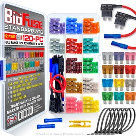 BioFuse 120 Piece Full Range Fuse Assortment & Tap Kit: 108 Standard, ATO, ATC, ATS, APR Automotive Fuses 2A 3A 4A 5A 7.5A 10A 15A 20A 25A 30A 35A 40A, 2 Taps (12V, 12AWG), Ties, Connectors, Puller