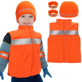 VICAMB Polar Fleece Kids Orange Hunting Vest and Beanie Set,Warm Reflective Safety Hunting Clothes for Boys Outdoor