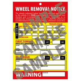 Wheel Change Notice Tag Card Re-Torque Warning - 50 Cards (with Bands)