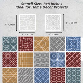 Brick Stencil Set for Crafts (15 Pack, 8x8 Inch), Street Cobblestone & Garden Sidewalk Patterns, Reusable Texture Stencils for Wood, Fabric, Furniture, Terracotta Mosaic & Geometric Floral Tile Design