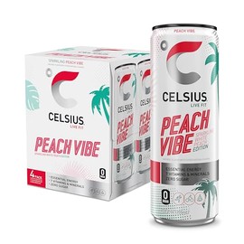 CELSIUS Bebida deportiva Sparkling Peach Vibe, sin azúcar, 12 oz. Lata delgada, paquete de 4. Sabor Durazno Blanco, 4 Lata de 355ml