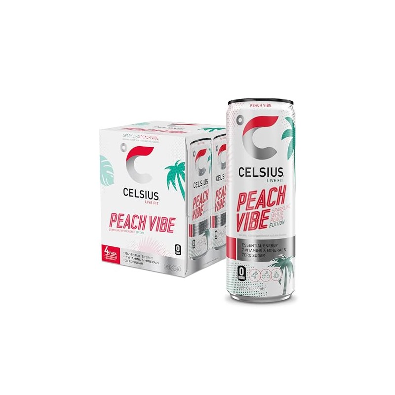 CELSIUS Bebida deportiva Sparkling Peach Vibe, sin azúcar, 12 oz.
