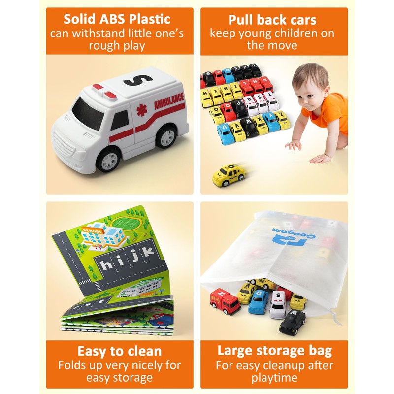 Coogam Alphabet Maze, 26pcs Pull Back Car with Play Mat