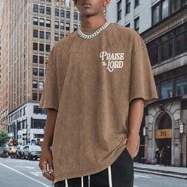 Wedsadl Christian Jesus Shirts for Men Religious Praise The Lord Bible Verse Shirt Oversized Graphic Tees Acid Wash Tshirt(Coffee,M)