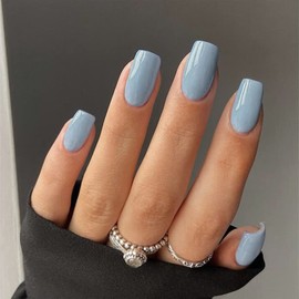 Sky-Blue Press on Nails Medium,KXAMELIE Glossy Glue on Nails Square Shape Acrylic Nails Press on with Solid Baby Blue Color Design Fake Nails Set for Women Girls Daily Wear in 24PCS