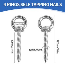 Pack of 4 Eye Bolts M10 x 80 mm, 304 Stainless Steel Heavy Duty Eye Bolt, Round External Thread Eye Bolts, Robust Eye Bolt for Hammocks, Awnings, Rocking Chairs