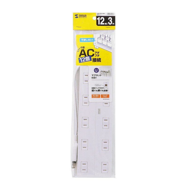 Sanwa Supply TAP-2312-3W Power Supply Tap, 12 Outlets, 2P, 3