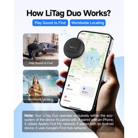 MiLi LiTag Duo - Dual System Tracker for iOS or Android, Bluetooth Tracking Tag/Key Finder/Luggage Tracker/Item Locator, Compatible with iOS Find My or Google Find Hub App