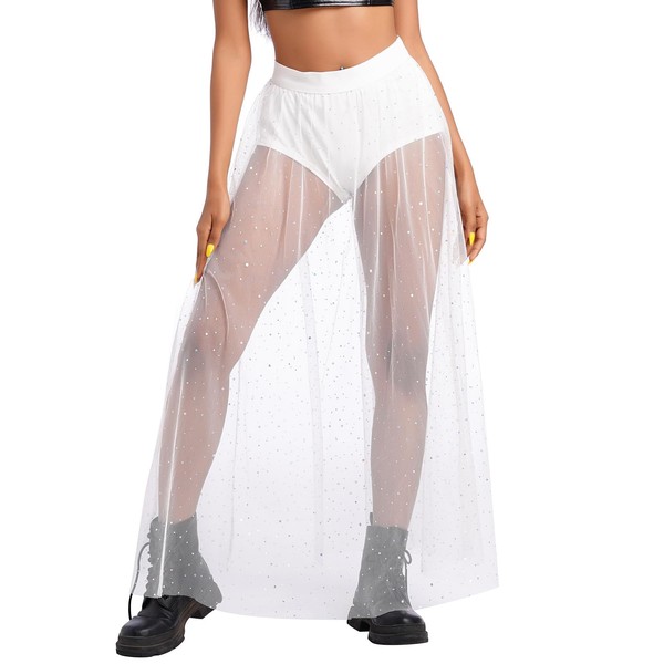 Rave Outfits for Women: Shiny Stars A Line Maxi Sparkly Skirt Music Festival Clothing Sheer Mesh Dress Bottoms Shorts Tulle Halloween Witch Costume Summer Swimsuits Cover Ups White Sequin Large