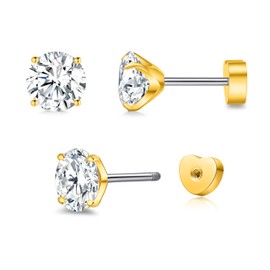 limerencia Hypoallergenic G23 Implant Grade Titanium Flat Back Earrings Double Sided Star/Heart Screw Back Stud Earrings with Cubic Zircinia for Women Men (Heart Golden,6mm)