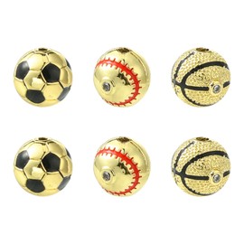 Stiesy - 6 abalorio redondas de 3 estilos de bolas deportivas de 10 mm, latón chapado en oro de 18 quilates, abalorio espaciadoras con micro pavimentación, circonita cúbica, joyería temática deportiva
