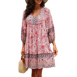 Qearal Pink Floral Dress Women Summer Beach Vacation Loose Fit Bohemian Tunic Dress S