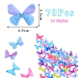 Lashua Pack of 70 Butterfly Decorations, Organza Fabric, Double Layer, 3D Butterflies for Clothing, Appliques, Hair Clips, Scrapbooking, Wall Decoration, DIY Decoration, 14 Styles