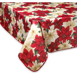 Violet Linen European Christmas Poinsettia Floral Design Tablecloth, 52 in x 70 in, Beige