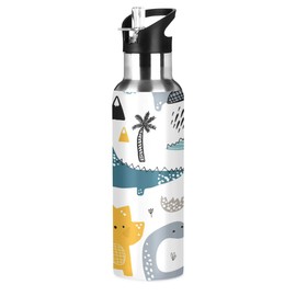 Stainless Steel Water Bottle with Straw, Cartoon Animals Cute Dinosaur Insulated Drink Flask Sports Water Bottle for Kids Adults, Leakproof, 600ml