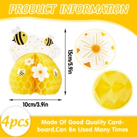 EASY JOY 4pcs Honey Bee Paper Honeycomb Decorations Yellow Table Centerpieces Decorations Fall Tissue Paper Honeycombs for Bee Themed Garden Party Baby Shower Birthday Party Decorations