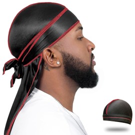 ForceWave Silky Durag for Men Wave Cap Satin Dorag for Men Women 360 Wave (Black with Red Seam)