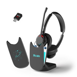 Blucalm Business V5.4 Wireless Headset with Charging Base, Computer Headset with Mic & 2.4 G USB Dongle for PC/Phone Work, Wireless Headphones with Noise-Cancelling Mic for Office, WFH, Teams, Zoom
