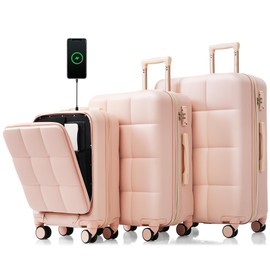 Merax Suitcases for Women ABS Hardshell Front-Opening Luggage Sets with Cup Holder, Light Pink, 20/24/28 Inch