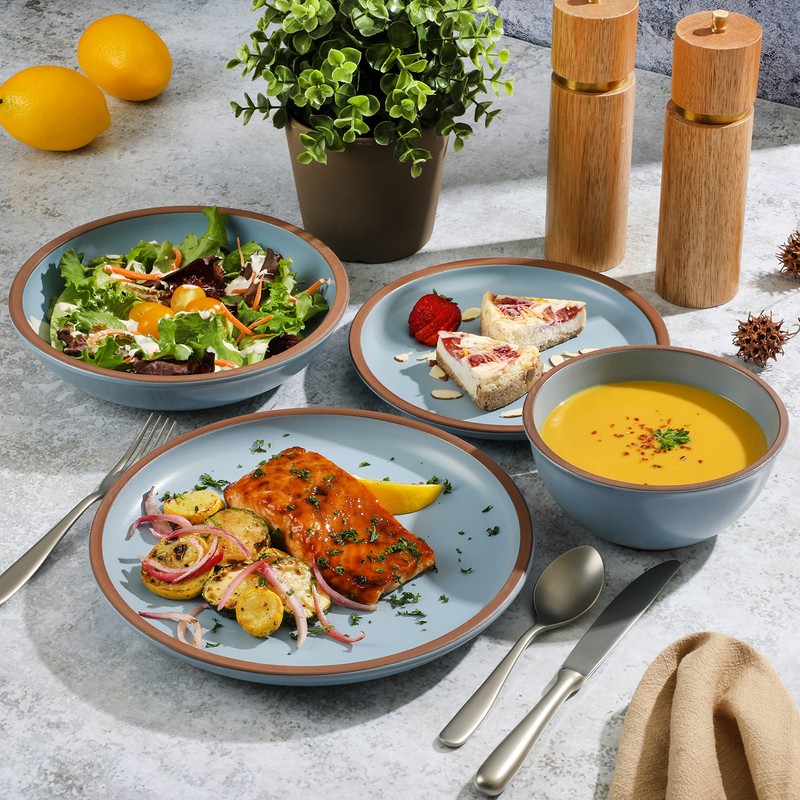 Gibson Elite Lagos 16 Piece Double Bowl Dinnerware Set, Light