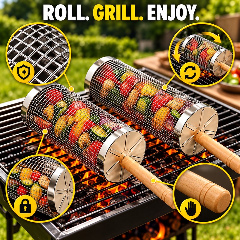 4-Pack Stainless Steel Rolling Grill Baskets for BBQ – Wooden