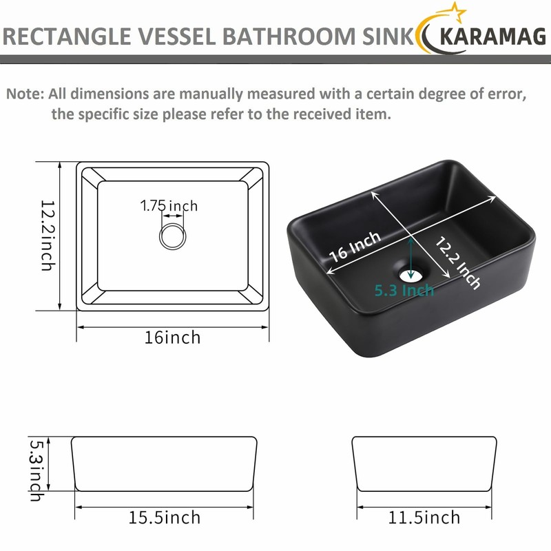 KARAMAG Black Vessel Sink Rectangle 16"x12" Bathroom Sink Rectangular Modern